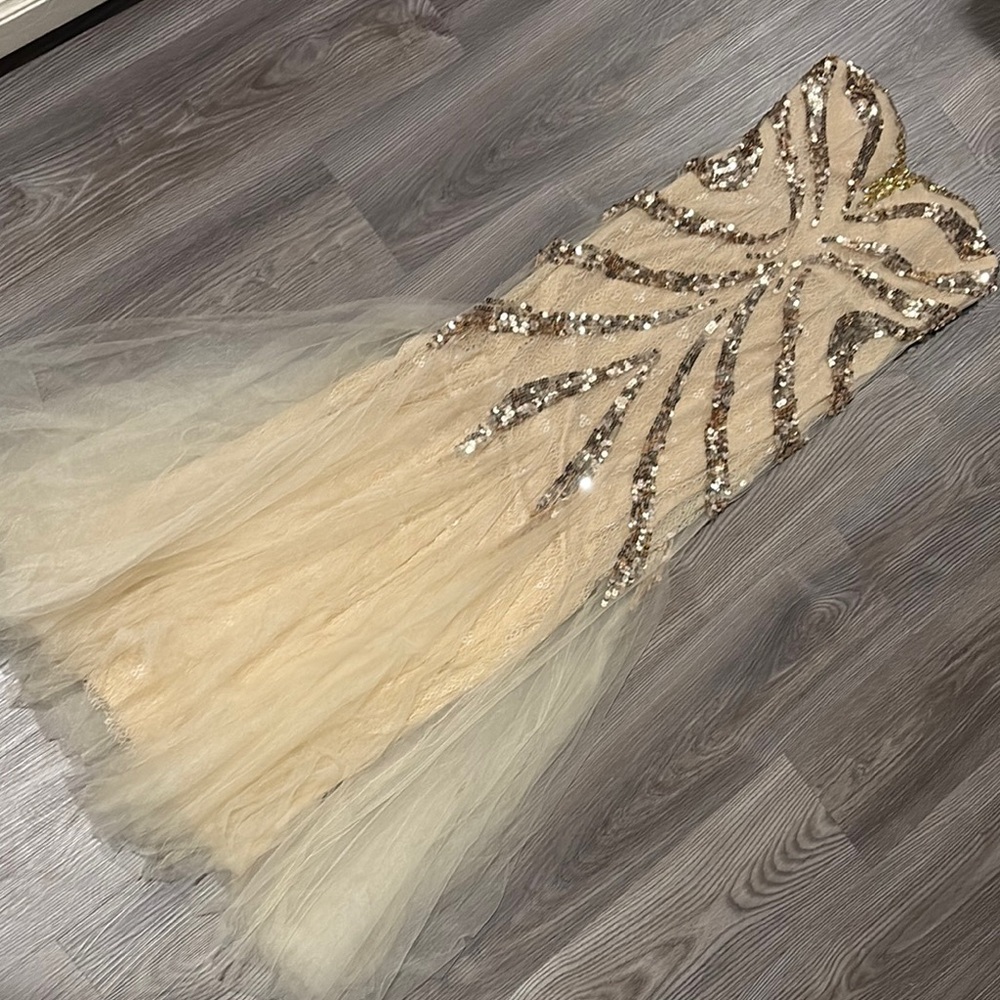 Sequin Strapless Dress in Gold and Cream